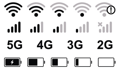 Mobile network and battery icons for 5G, 4G, 3G, 2G signal strength