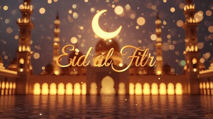 Eid al Fitr 3D Islamic Celebration Scene with Mosque and Golden Light
