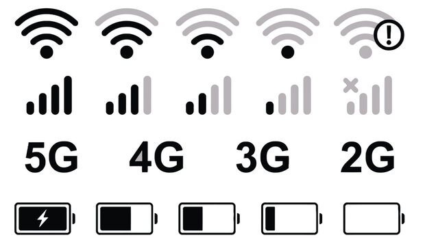 Mobile network and battery icons for 5G, 4G, 3G, 2G signal strength