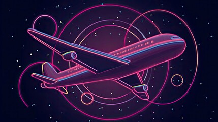 Futuristic Jetliner with Glowing Outlines Soaring in a Dark Cosmic Space