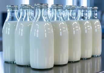 Multiple glass bottles of milk and dairy products on a table in a factory setting with silver caps with beverages