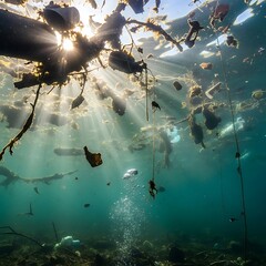 Submerged aquatic world with sunbeams and floating organic matter scenery