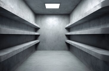 Empty Concrete Room with Industrial Shelves and Stark Lighting