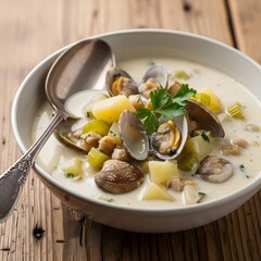 Bowl of creamy clam chowder with fresh parsley on top