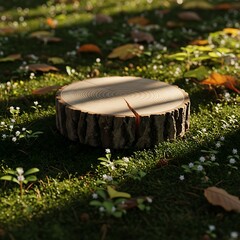 Sunlit wooden stump nestled amid wildflowers and fallen autumnal leaves