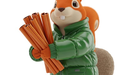 Cartoon Squirrel in Green Puffer Jacket Holding Cinnamon Sticks