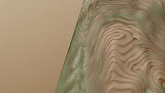 A juxtaposition of tan and green, wavy textures on a layered surface, angled to create depth