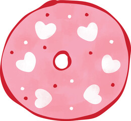 Cute Pink Donut with Watercolor Hearts
