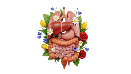 Human Digestive and Respiratory System with Flowers