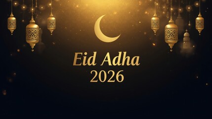 Eid Adha 2026 Islamic Celebration Background with Golden Ornaments