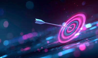 Arrow hitting glowing digital target, symbolizing business success, precision, and achievement.