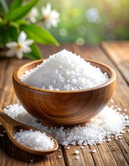 Close-up of coarse, white crystals in a wooden bowl and spoon