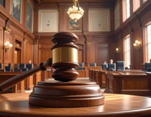 Close-up of gavel on a wooden table in a traditional courtroom