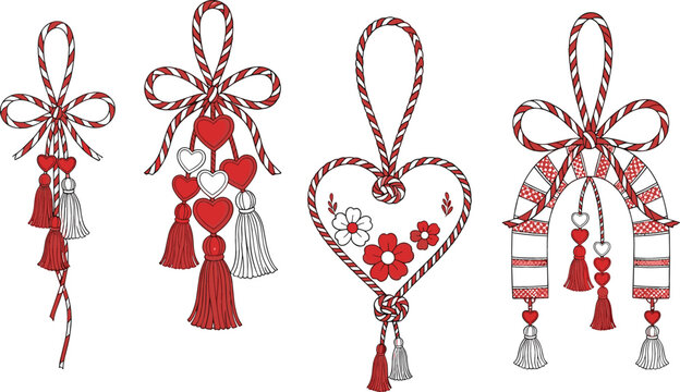 Hand-drawn vector set of four traditional Romanian Martisor ornaments with red and white braided cords and tassels.
