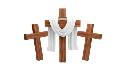Three wooden crosses with draped white cloth