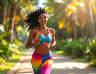 Woman with curly hair runs smiling down a path, sunlit and vibrant