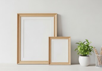 Two empty wooden picture frames on a white shelf with a small potted plant and pencil holder with wooden frame