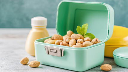 Healthy almonds in lunchbox with mint leaves and yogurt