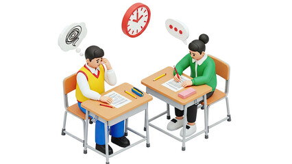 Students taking a test with a clock