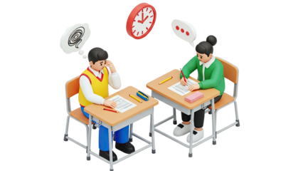 Students taking a test with a clock
