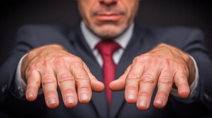 confident man in suit extends his hands, showcasing control and power while emphasizing discipline in his demeanor