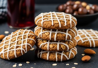 Delicious homemade iced oatmeal cookies stacked with white icing drizzle on top and surrounded by almonds on a dark