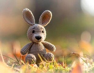 Crochet bunny sits in sunlit grass with autumn leaves