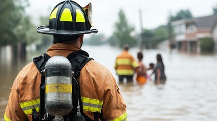 Heroic firefighter rescues stranded family from flooded urban disaster with expert preparedness