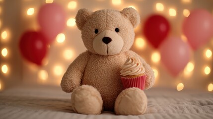 Fototapeta premium A cute teddy bear holding a cupcake sits amidst soft, glowing lights and heart-shaped balloons, creating a warm, festive atmosphere.