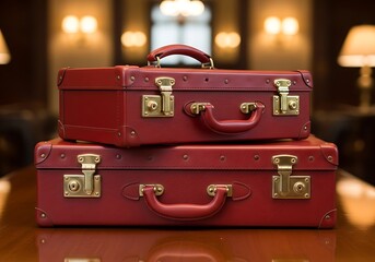Two vintage red leather suitcases stacked on top of each other with brass hardware and handles in a luxurious indoor