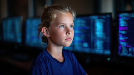 A focused young girl sits in front of computer screens displaying code, immersed in a tech-driven environment.