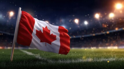 Canadian flag waving on a soccer field at night