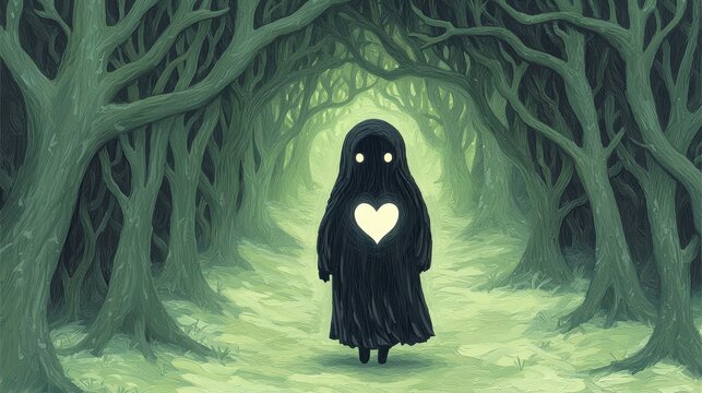A dark empath's unique journey a cloaked figure with a glowing heart in an enchanted forest
