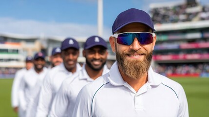 Cricket team players walking onto the field with confidence and style