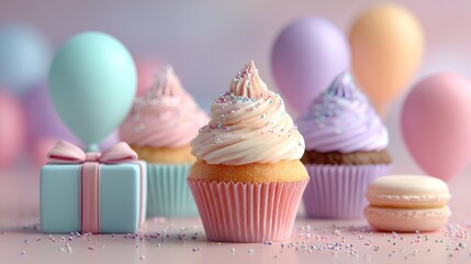 Pastel Colored Cupcake with Icing and Sprinkles for Celebration Food Dessert