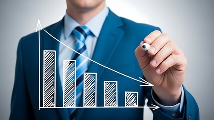 Businessman in blue suit draws a declining bar chart graph illustrating negative financial results indicating profit loss or business downturn trend.