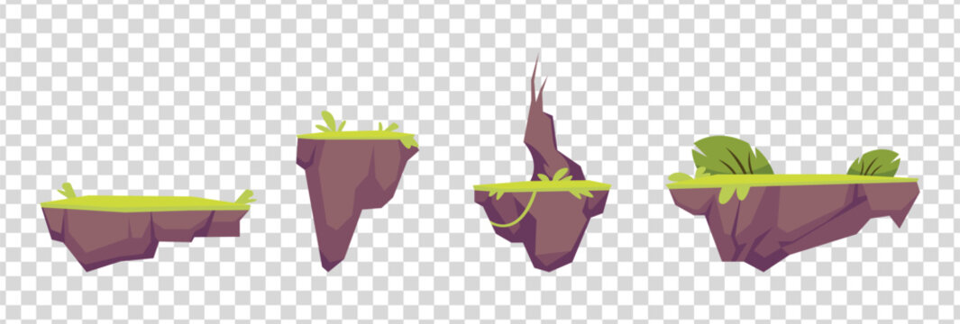 Floating island vector set. Tropical landscape and fantasy floating land illustrations