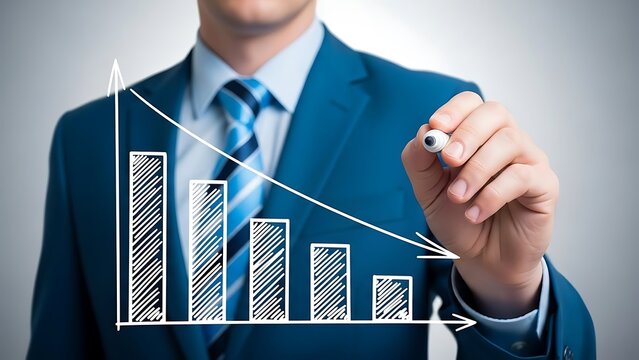 Businessman in blue suit draws a declining bar chart graph illustrating negative financial results indicating profit loss or business downturn trend. - Powered by Adobe