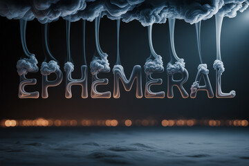 Ephemeral concept with cloudy letters and city lights background