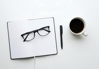 A pair of black glasses on a white notebook with a pen and coffee cup on a plain white background for business or study