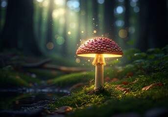 A large red mushroom with white spots glows in the forest surrounded by moss and leaves with sunbeams shining through trees
