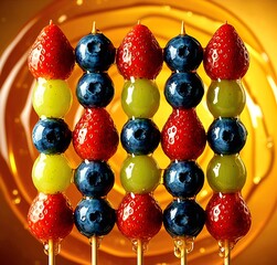 A vibrant and appetizing close-up of traditional Tanghulu fruit skewers.