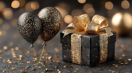 Luxurious Black and Gold Gift with Glittering Balloons Celebration Still Life