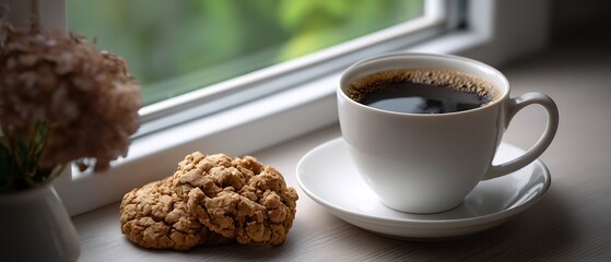 Cozy Morning Scene with Coffee Cup, Cookies, and Natural Light by the Window