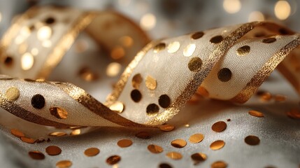 Elegant Festive Golden Polka Dot Ribbon Close Up Still Life