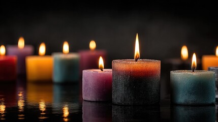 Decorative Colorful Cylindrical Candle Flame Burning on a Dark Background Image