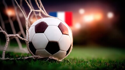 Soccer ball in goal net with French flag in background at night