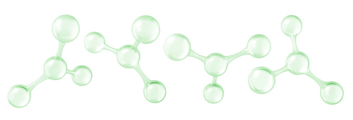 3D Green molecules or atoms models. 3d abstract molecular structures isolated on white background. Concept of biochemical, pharmaceutical, beauty, medical. Science or medical. Vector illustration