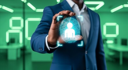 A professional man interacting with a glowing digital fingerprint containing a human silhouette representing identity verification