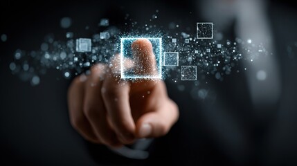 Digital Glowing Selection Box with Finger Pointing on Futuristic Interface Element